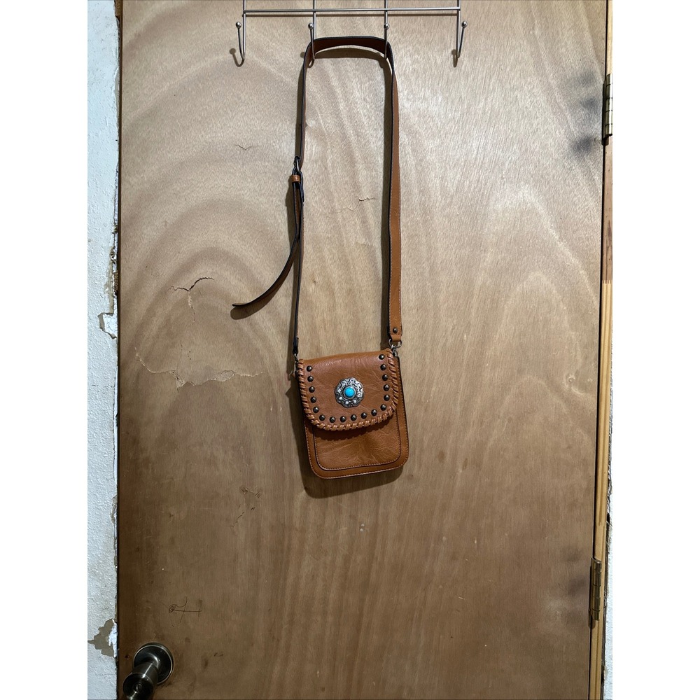 Western Faux Leather Crossbody Phone Bag Brown Concho Turquoise Studded Small